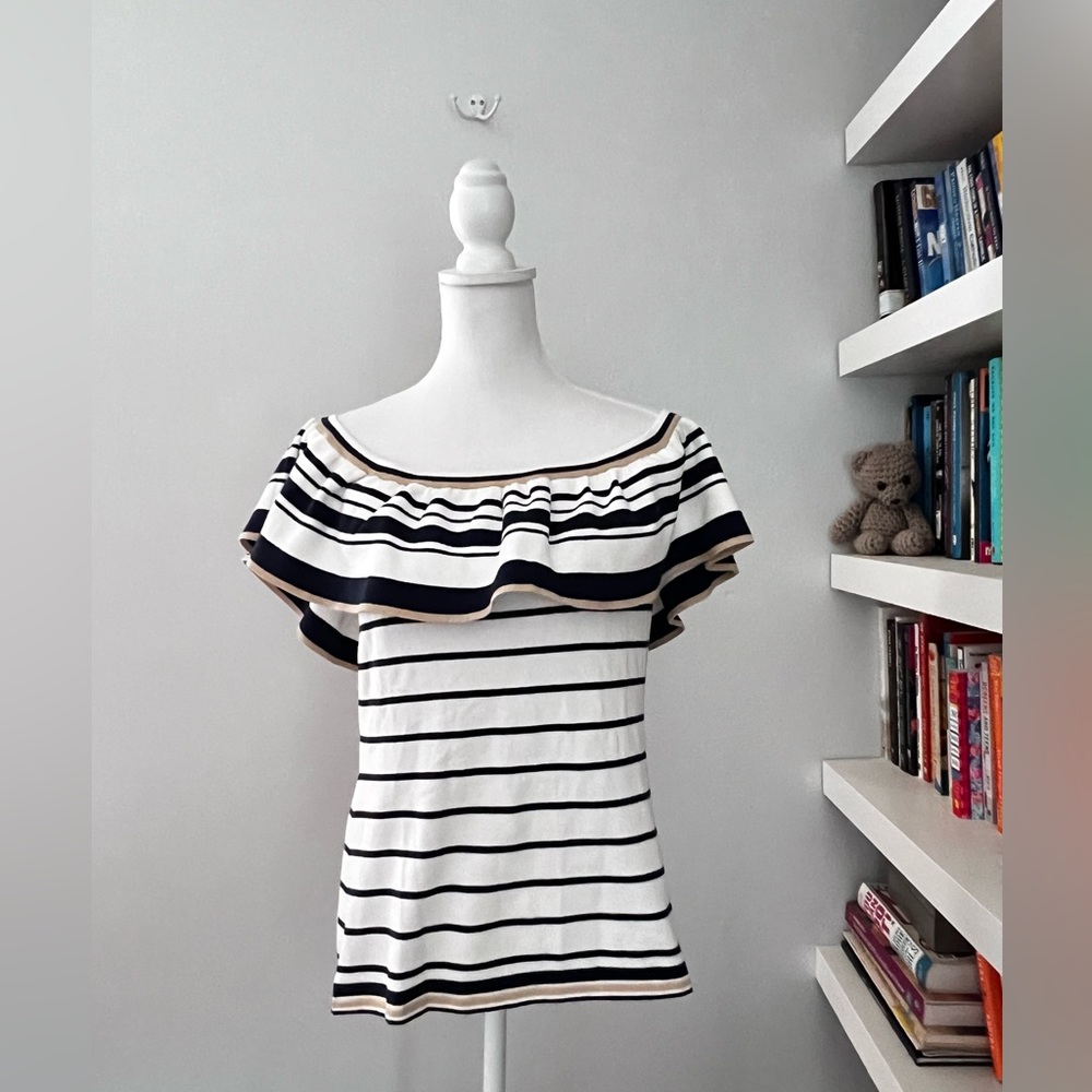 NWT Lilly Pulitzer Perelle White Navy Gold Striped Off Shoulder Knit Top Sz L